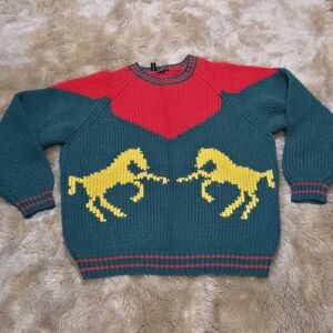 Vintage Mens Large Wool Blend Color Block Horse Knit Sweater 80s 90s